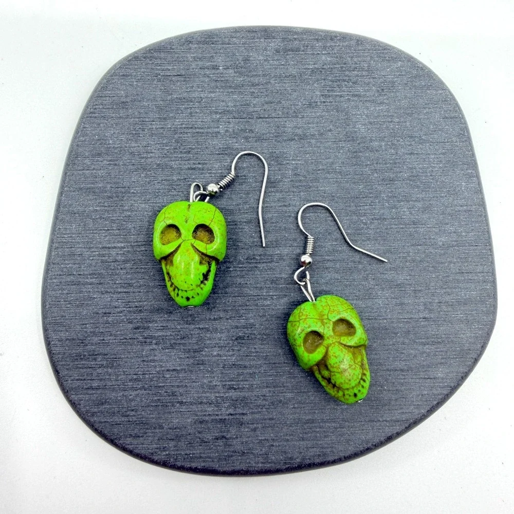 Green Skull Dangle Earrings Gothic Punk Halloween Festival Statement Gift Pair